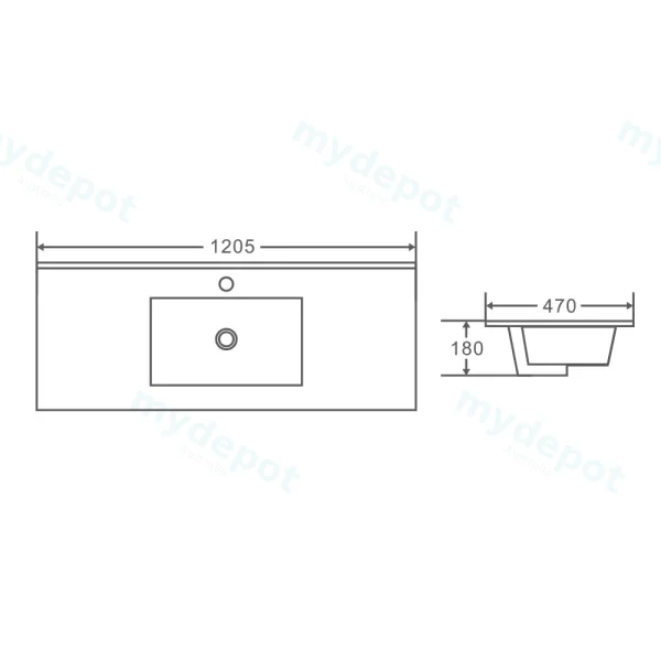 1205*470*180mm Gloss White Single Bowl Ceramic Top With Mixer Hole view 2