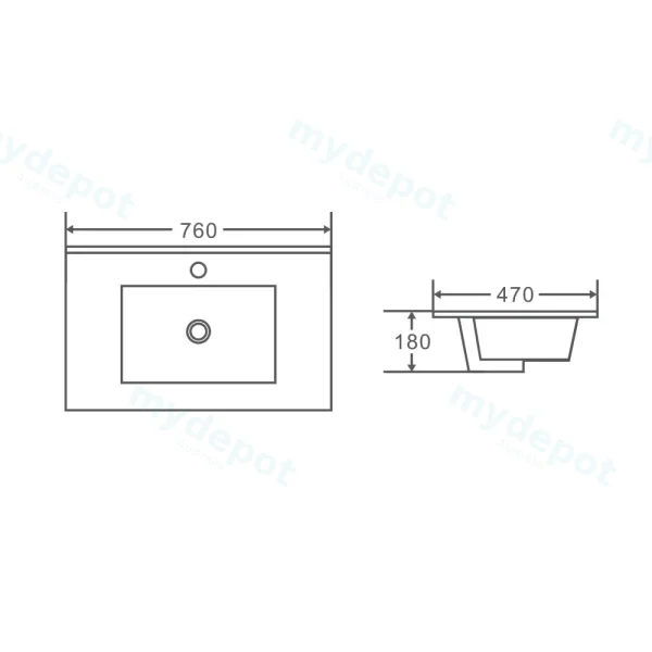 760*470*180mm Gloss White Ceramic Top With Mixer Hole view 2