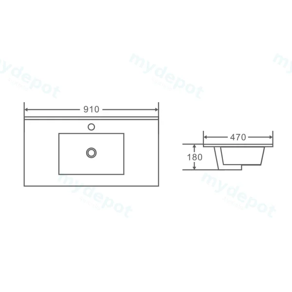 910*470*180mm Gloss White Ceramic Top With Mixer Hole view 2