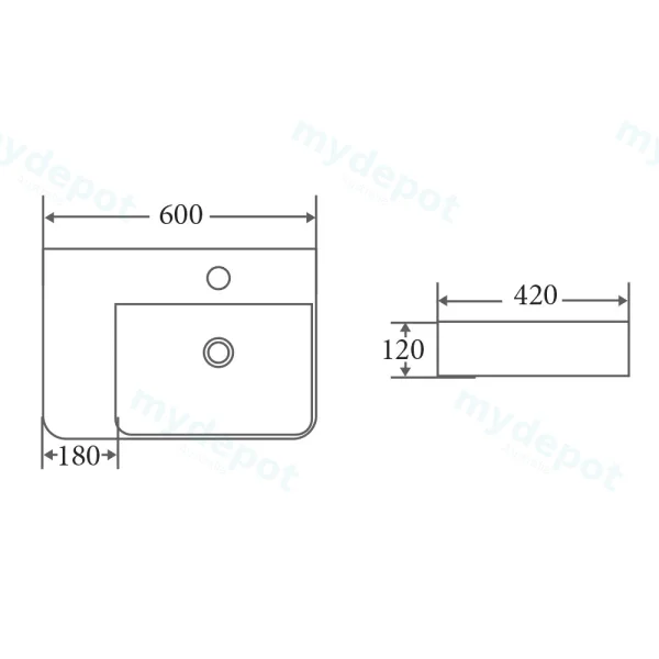 600*420*120mm Wall Hung Rectangular Basin With Left Drainer&Mixer Hole view 3