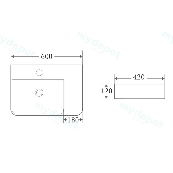 600*420*120mm Wall Hung Rectangular Basin With Right Drainer&Mixer Hole view 3