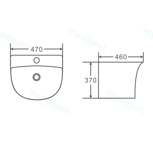 470*460*370mm Semi-Pedestal Wall Hung Oval Basin view 3