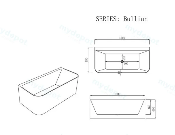 1500*750*590mm Bullion Back To Wall Gloss White Bathtub view 2