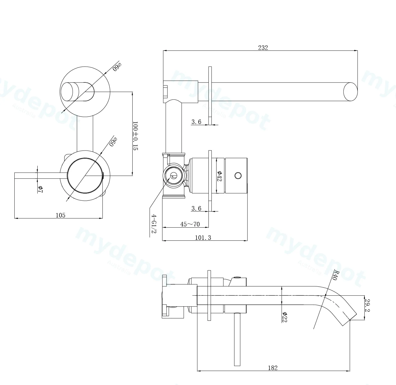 Otus Slimline SS Wall Basin Mixer Separate Back Plate Rough-in Body SS304 Stainless Steel view 2