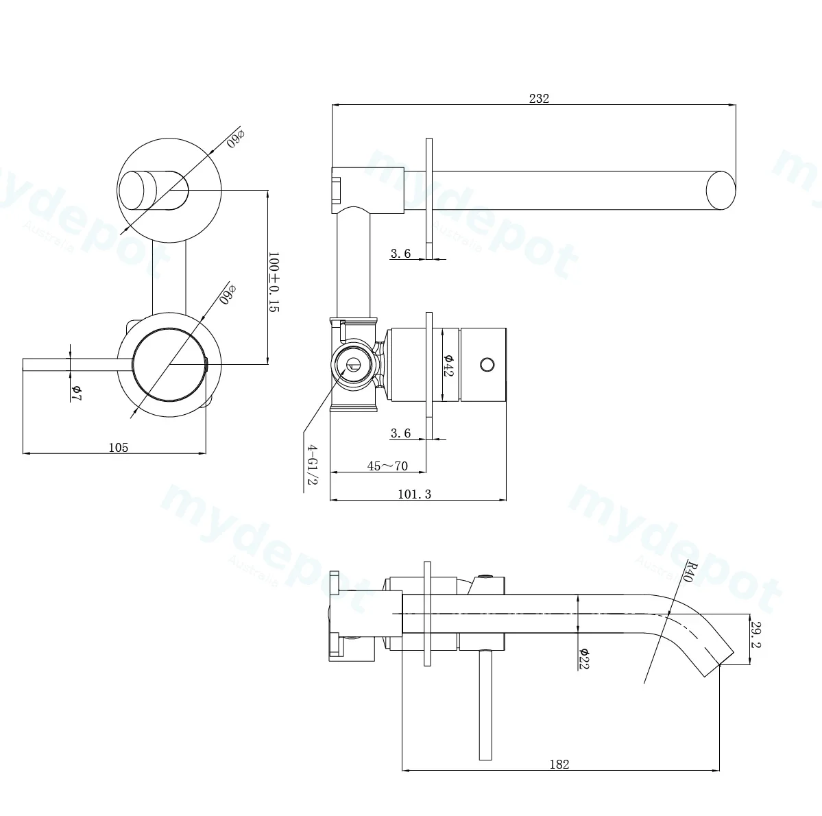 Otus Slimline SS Wall Basin Mixer Separate Back Plate Trim Kits in Gun Metal view 2