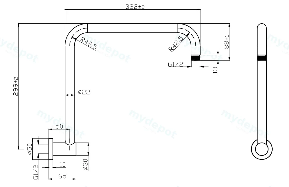 Round Rectangle Curved Shower Arm Chrome view 2
