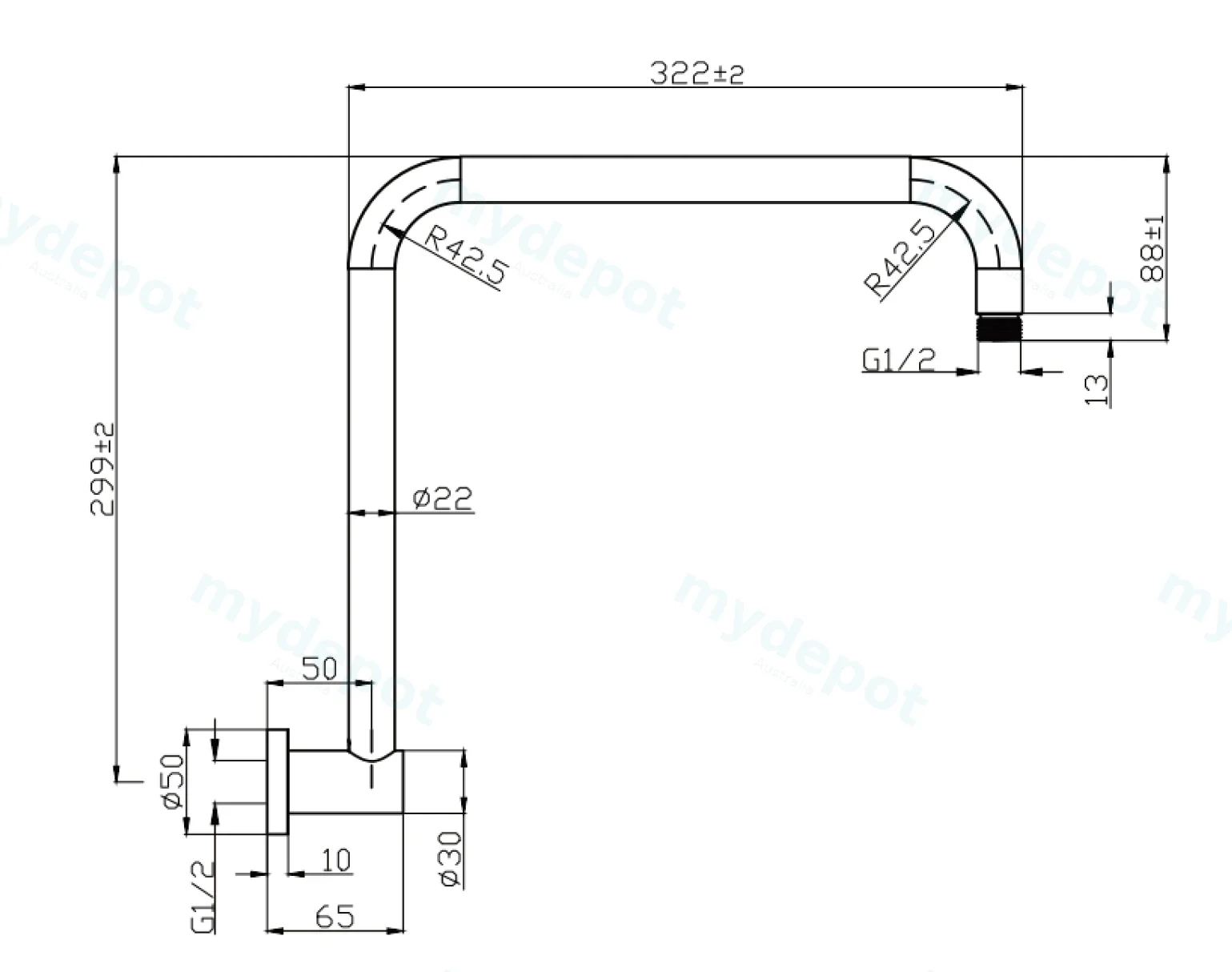 Round Rectangle Curved Shower Arm Brushed Nickel view 2