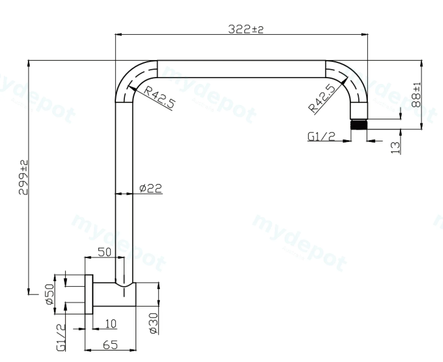Round Rectangle Curved Shower Arm Gun Metal view 2