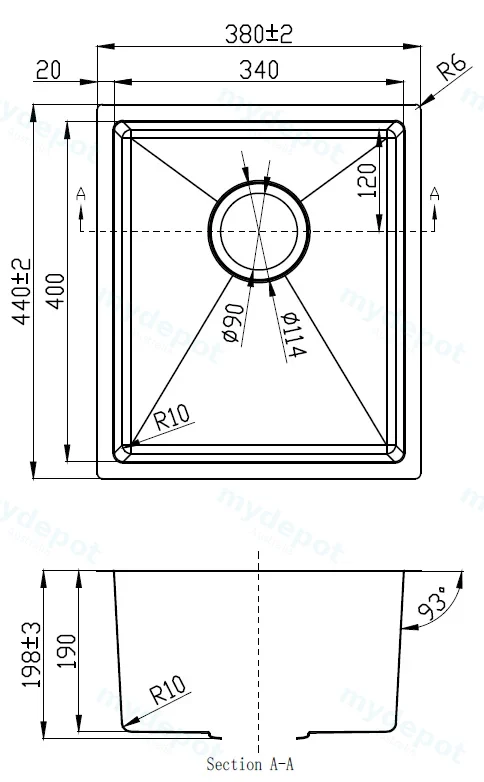 Eden Abovemount / Undermount Single Bowl Sink R10 Corner 340 x 400mm (304 Stainless Steel) view 2