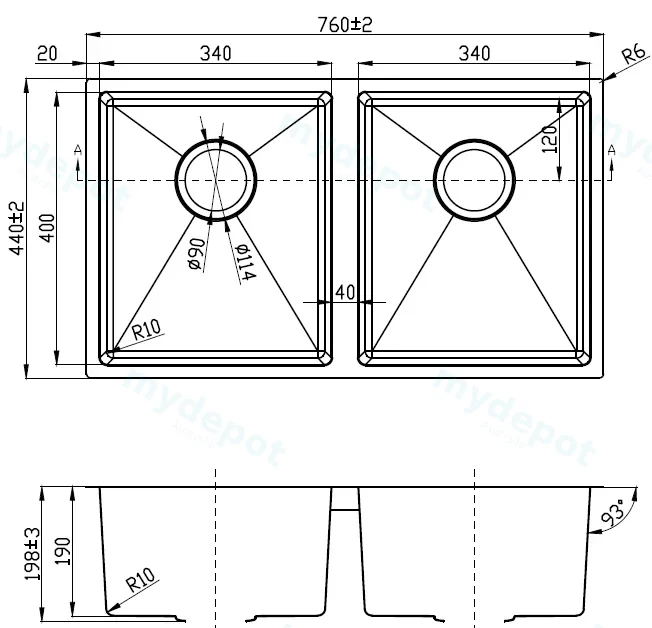 Eden Double Bowl Undermount Sink 720mm  (R10 Corner,93 degree) 304 Stainless Steel view 2