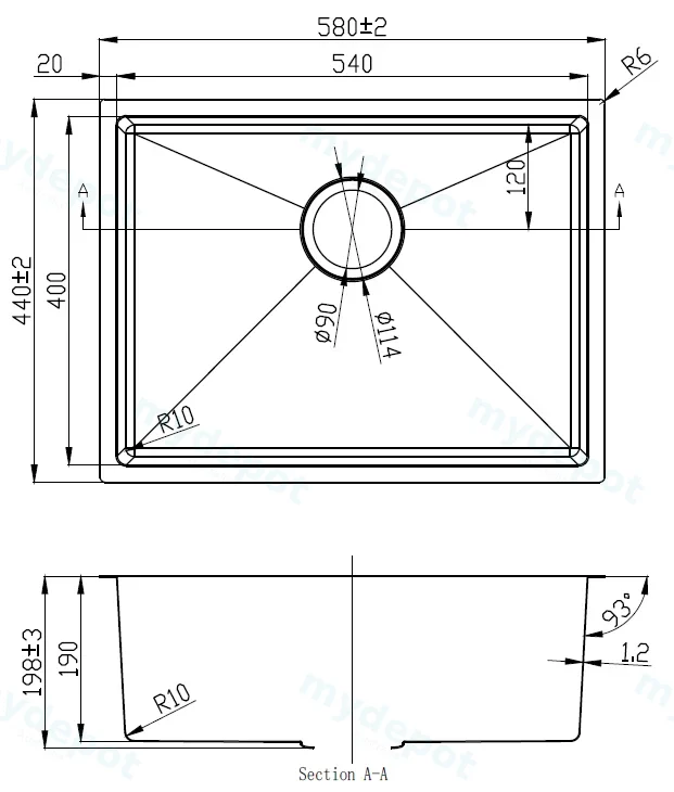 Eden Single Bowl Above/Undermount Sink 540mm (R10 Corner,93 degree) 304 Stainless Steel view 2