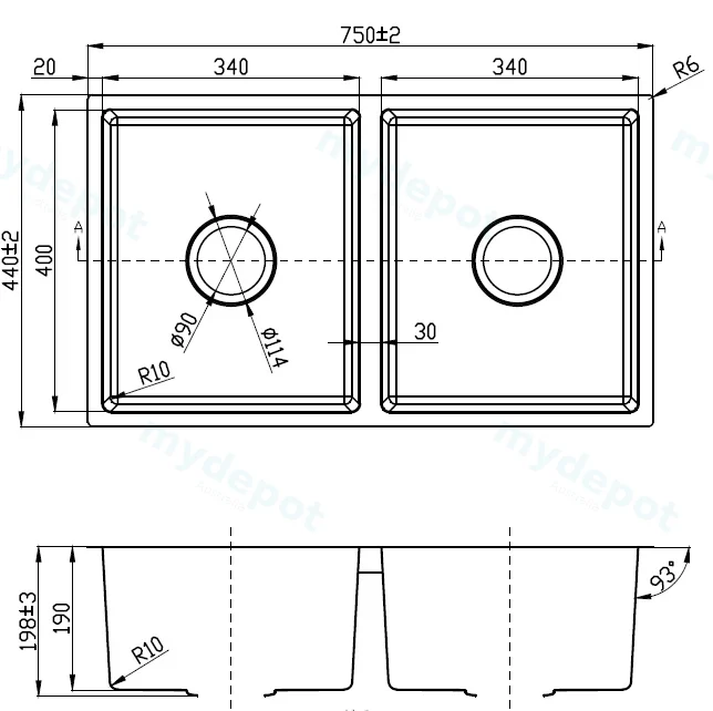 New Cora Double Bowl Above/Undermout Sink 750mm 93 degree 304 Stainless Steel view 2