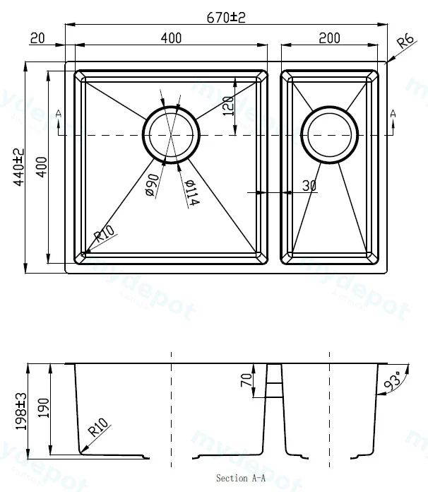 New Cora 1.5 Bowl Undermout Sink 670mm 93 degree 304 Stainless Steel view 2