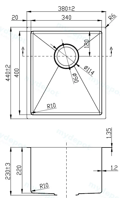 Eden Above/Undermount Single Bowl Sink R10 Corner 340 x 400x230mm (304 Stainless Steel) view 2