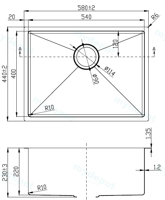 Eden Single Bowl Above/Undermount Sink (R10 Corner),230mm Depth 304 Stainless Steel view 2