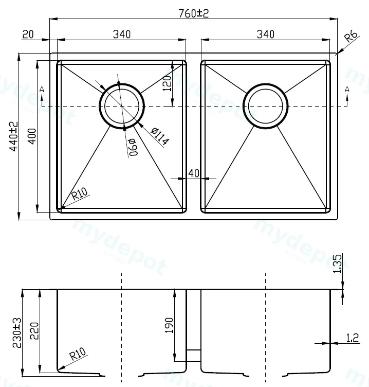 Eden Double Bowl Above/Undermount Sink (R10 Corner),230mm Depth Stainless Steel view 2