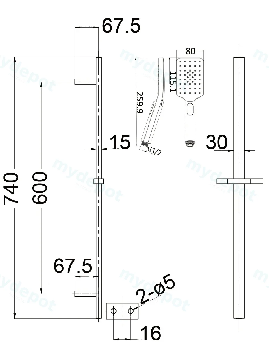 Eden Square Sliding Shower Set Gun Metel view 2