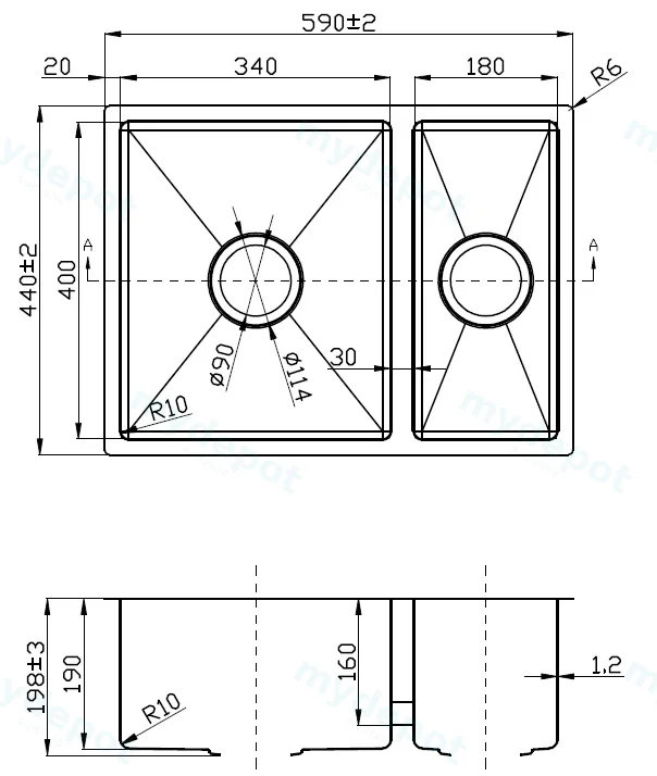Eden 1& 1/2 Double Bowl Undermount Sink 340 x 400mm&180 x 400mm (304 Stainless Steel) view 2