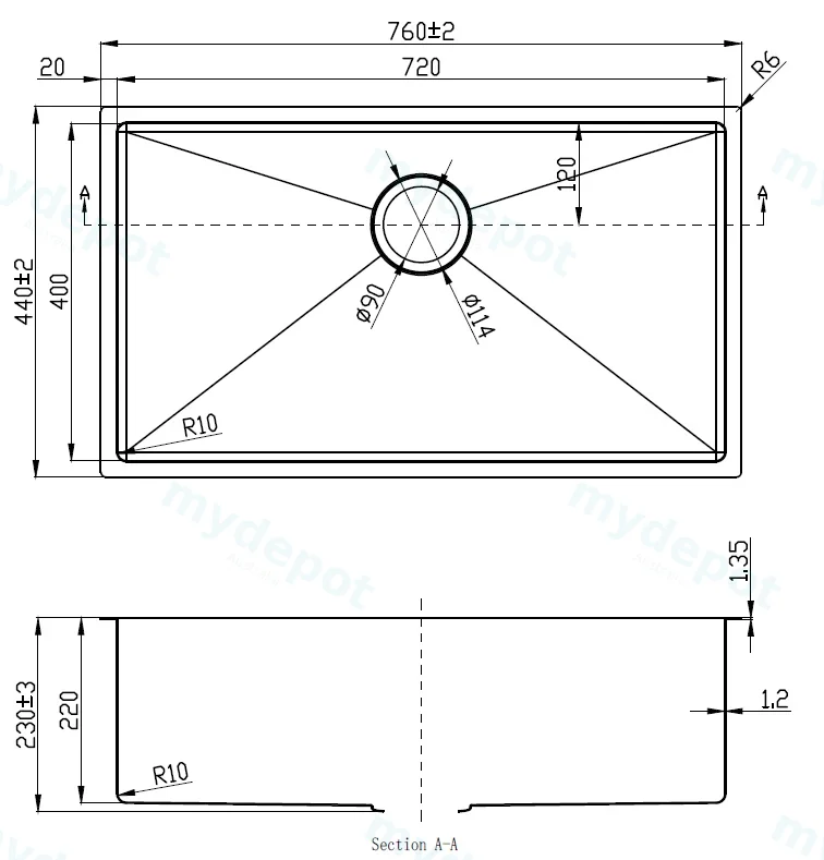 Eden Single Bowl Above/Undermount Sink (R10 Corner),230mm Depth Stainless Steel view 2