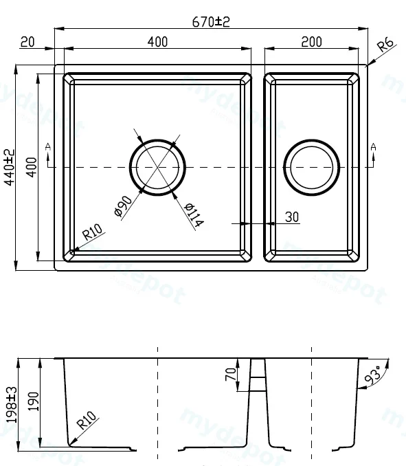 New Cora 1 & 1/2 Bowl Sink Undermout Sink 670mm,93 Degree 304 Stainless Steel view 2