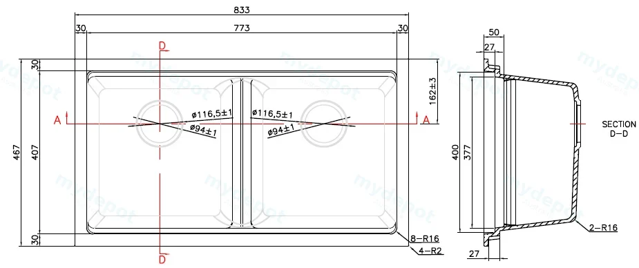 833*467*240mm Cora Black Undermount Double Bowl Granite Sink view 2