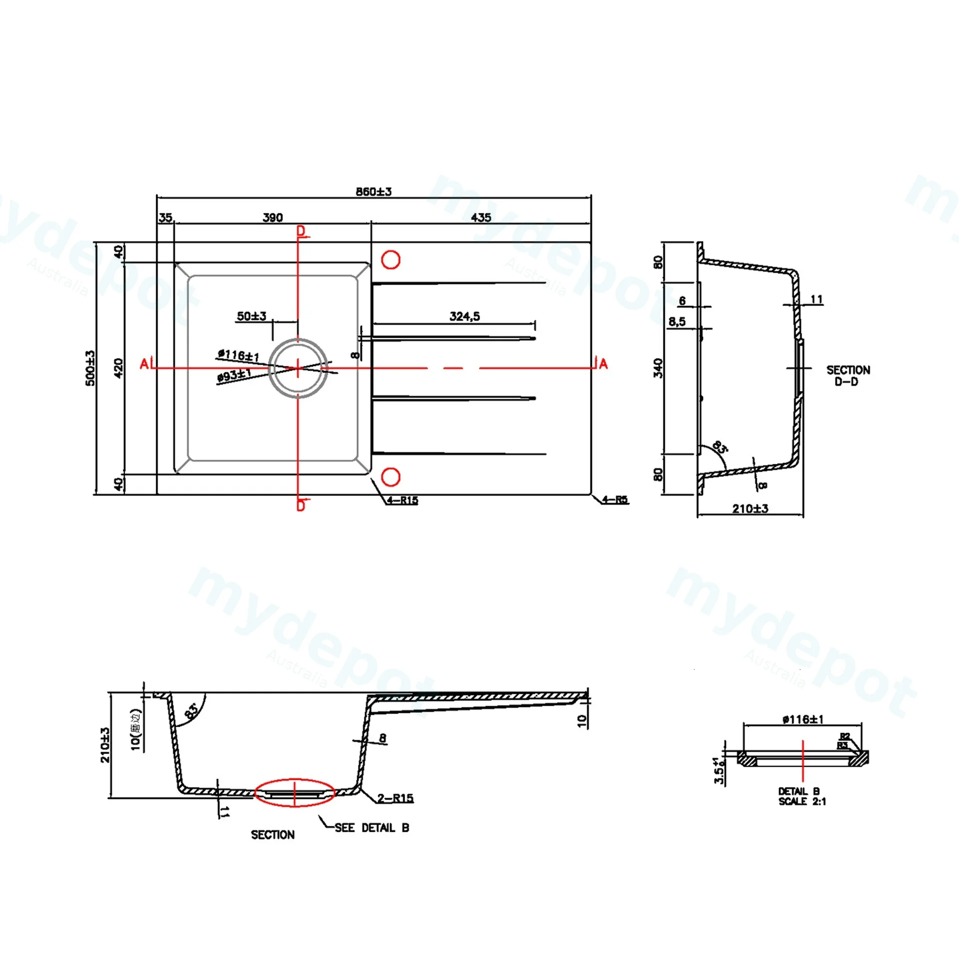 860*500*210mm Cora Black Granite Sink One Bowl With Drainer view 2