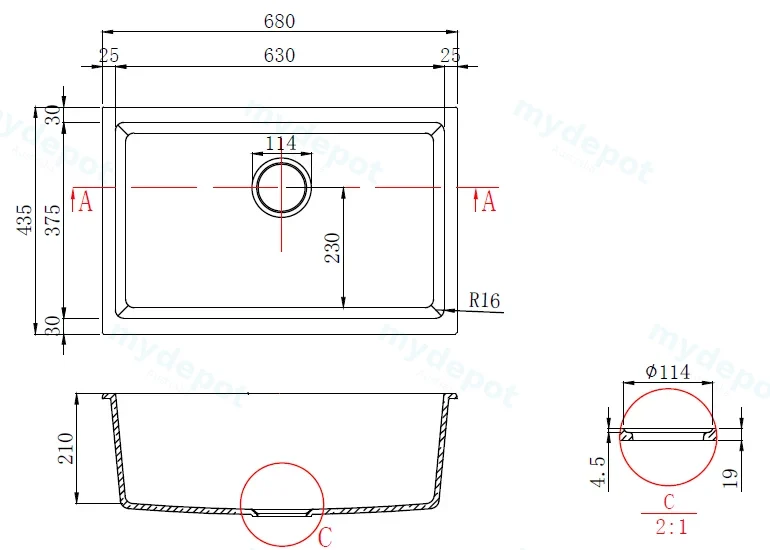 680*430*230mm Cora Black Undermount Granite Sink view 2