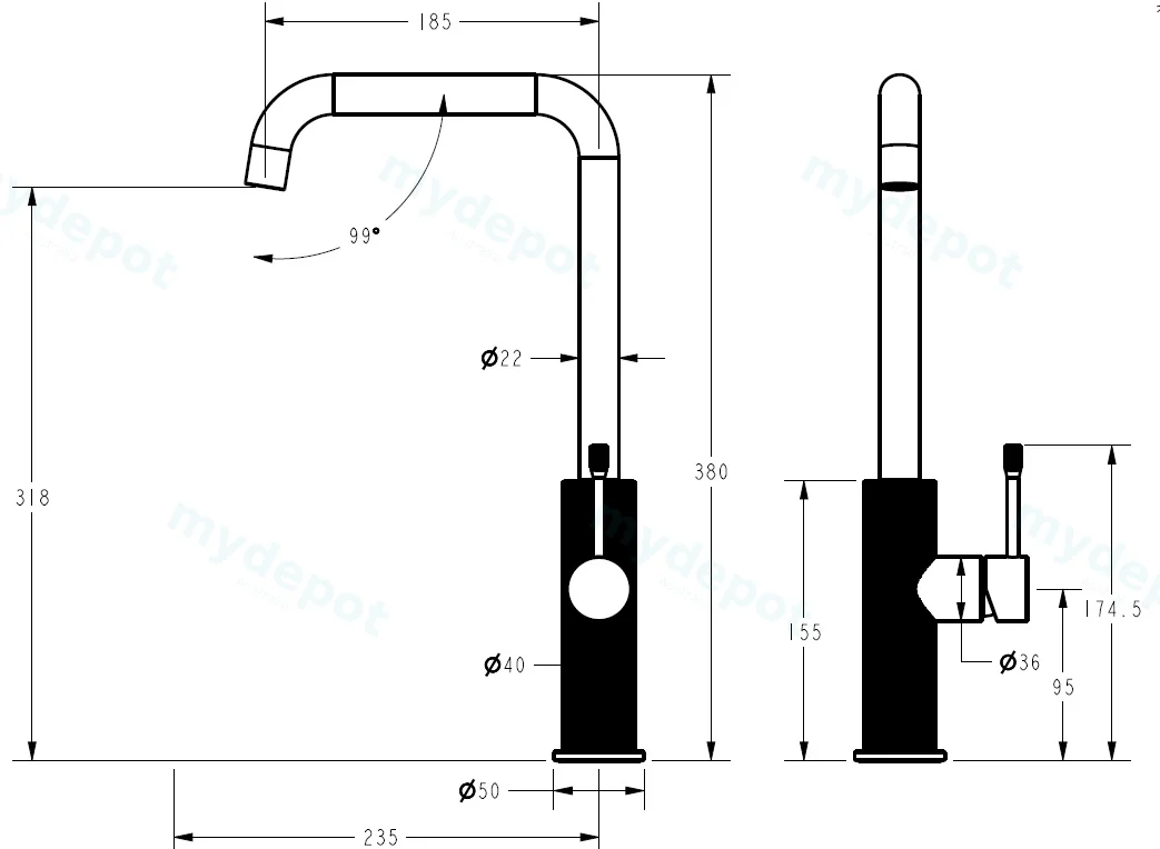 Linie Squareneck Sink Mixer Matt Black view 2