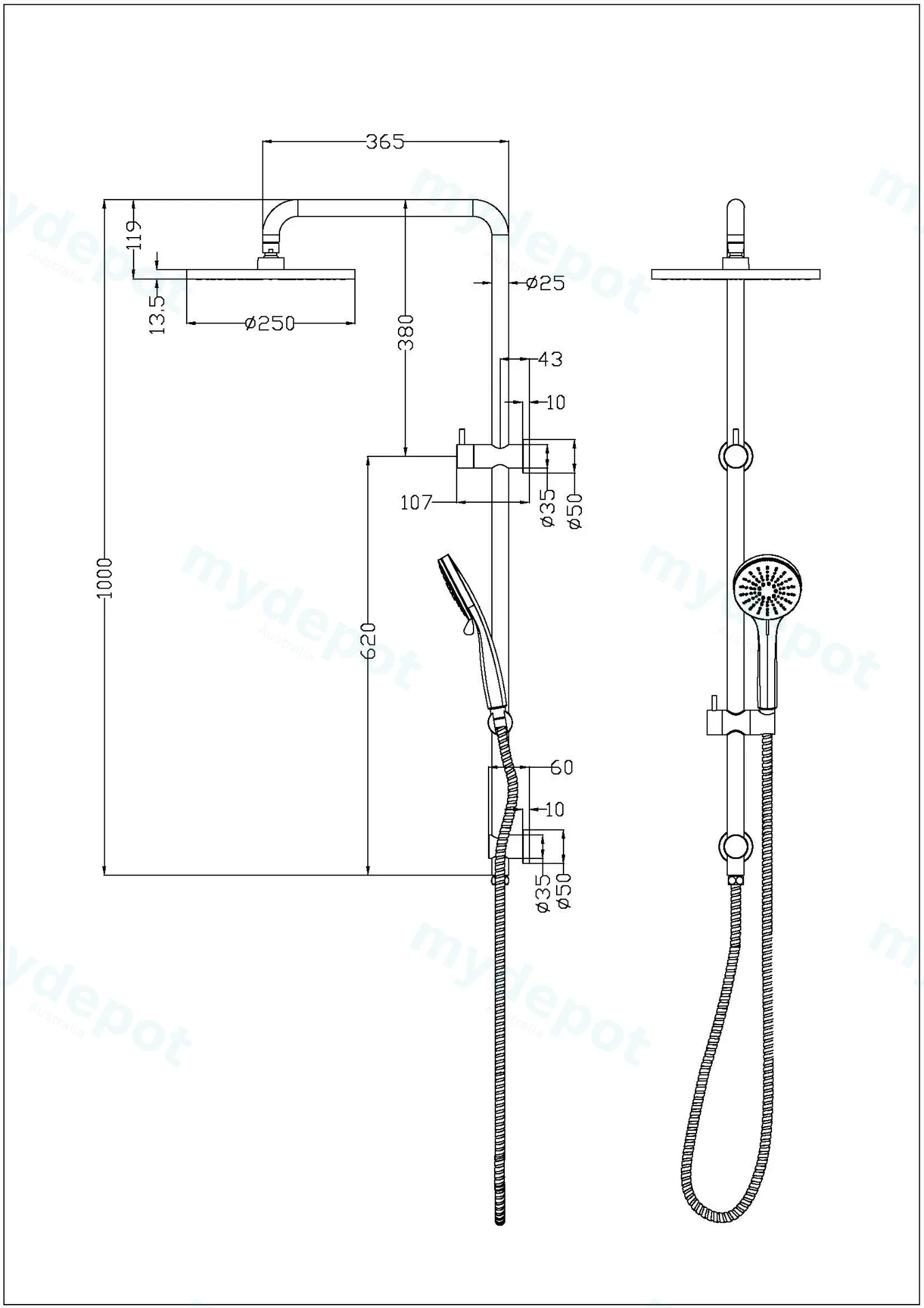 Otus Round Multi-Function Shower Set Chrome,304SS Stainless Steel Rail, 250mm ABS Shower Head,1.5m PVC Hose view 2