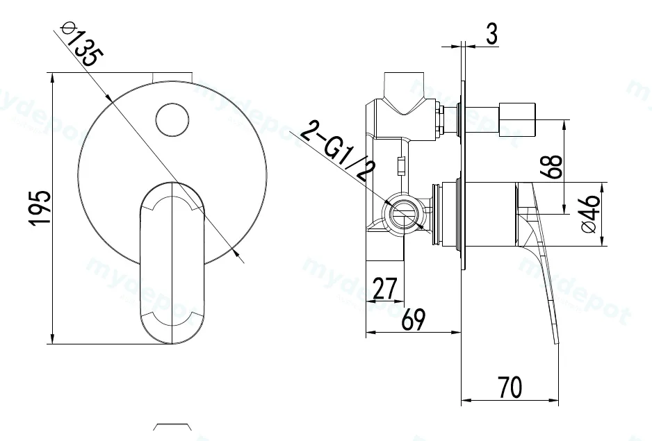 Sulu II Wall Diverter Mixer Rough-In Body view 2