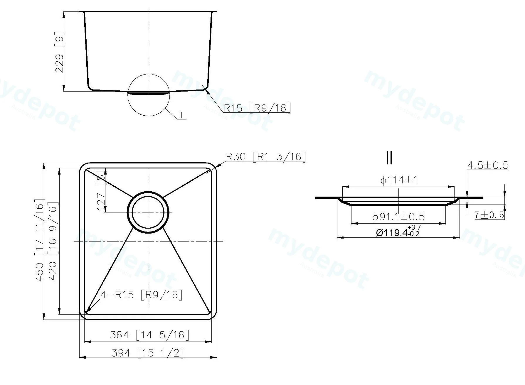 Otus Undermount Single Bowl Sink 394x450x229mm 304 Stainless Steel view 2