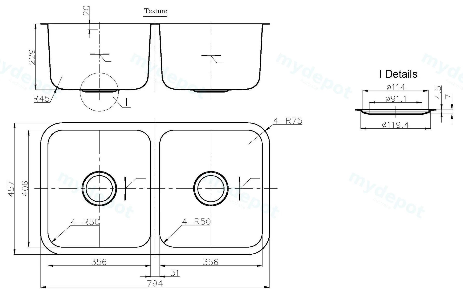 Otus Double Bowl Undermount Sink 794x457x 229mm 304 Stainless Steel view 2