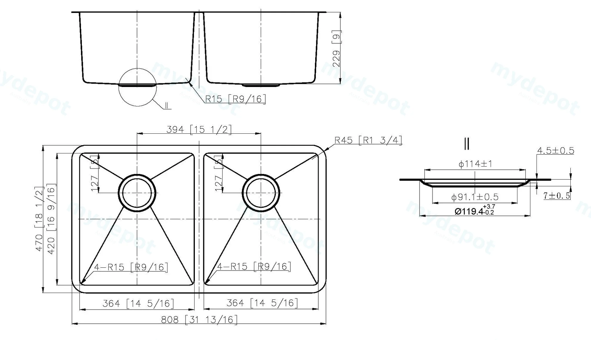 Otus Double Bowl Undermount Sink 808x470x229mm 304 Stainless Steel  view 2