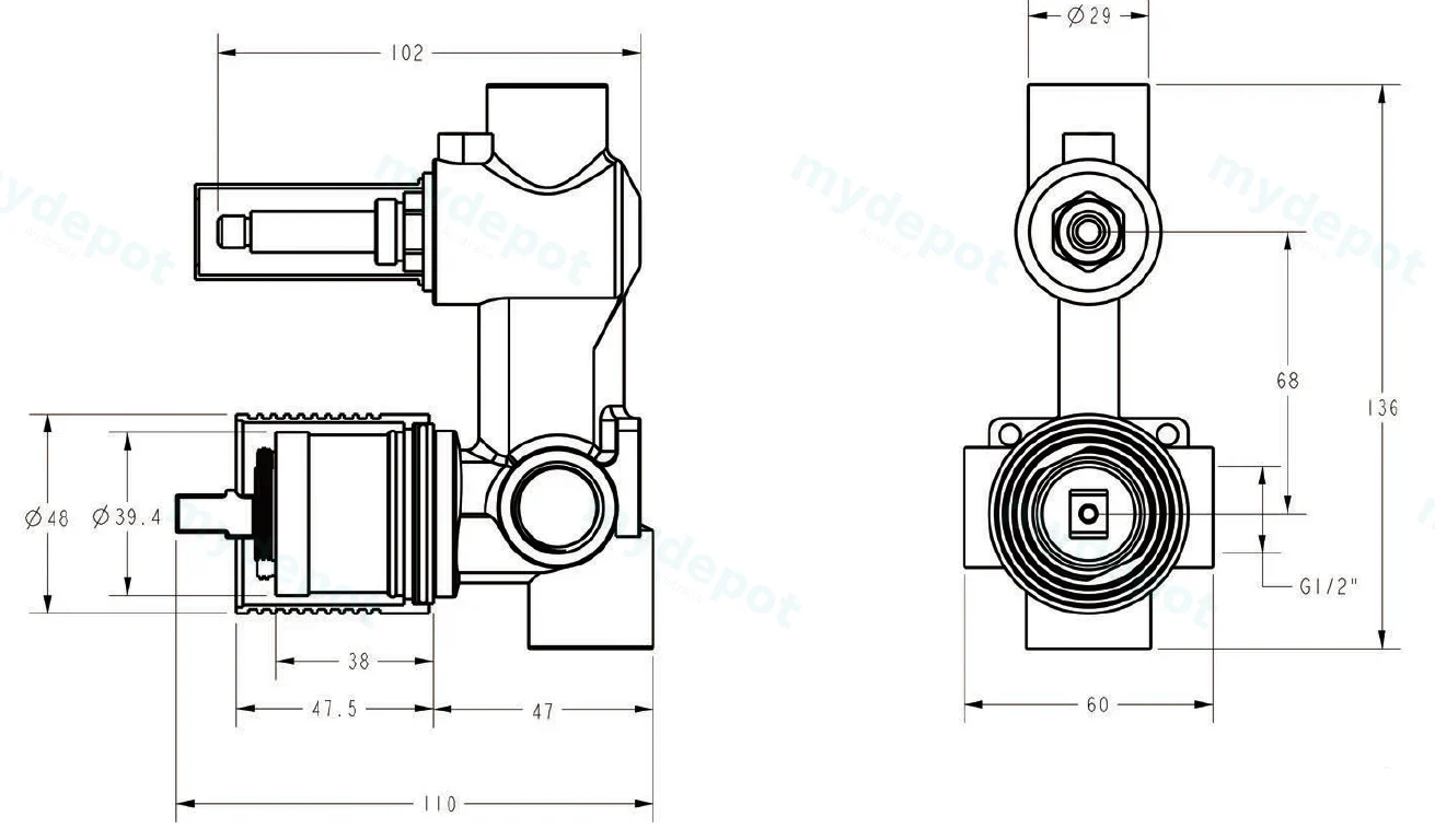 Sora SS Wall Diverter Mixer Rough-In Body view 2