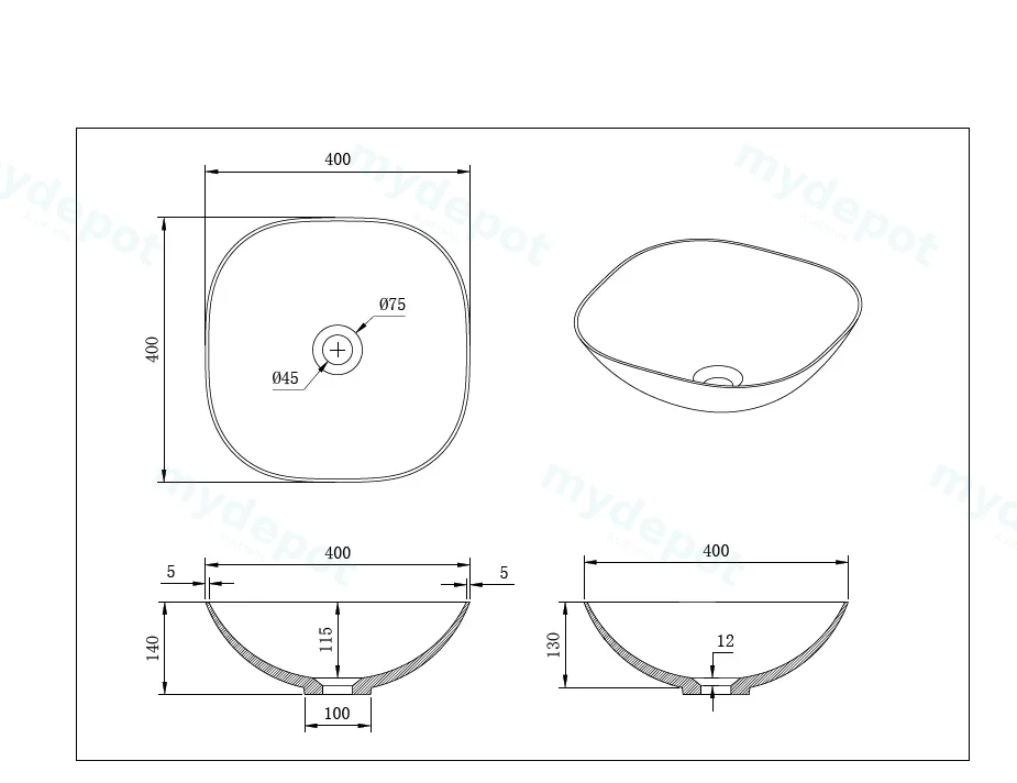 400*400*140mm Matt White Perry Solid Surface Stone Above Counter Basin 32mm Waste view 4