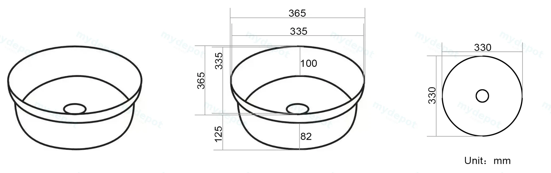 365*365*125mm Matte White Olley Fine Ceramic Insert Art Basins No Overflow,32mm Waste view 3