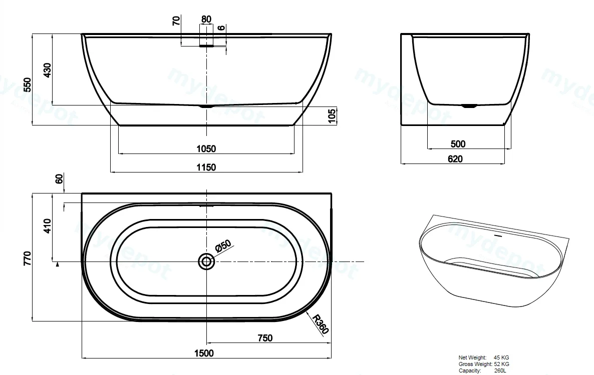 1500*770*551mm Matte White Ellips Back To Wall Free Standing Acrylic Bathtub With Overflow,Matte White Waste And Pipe Included view 2