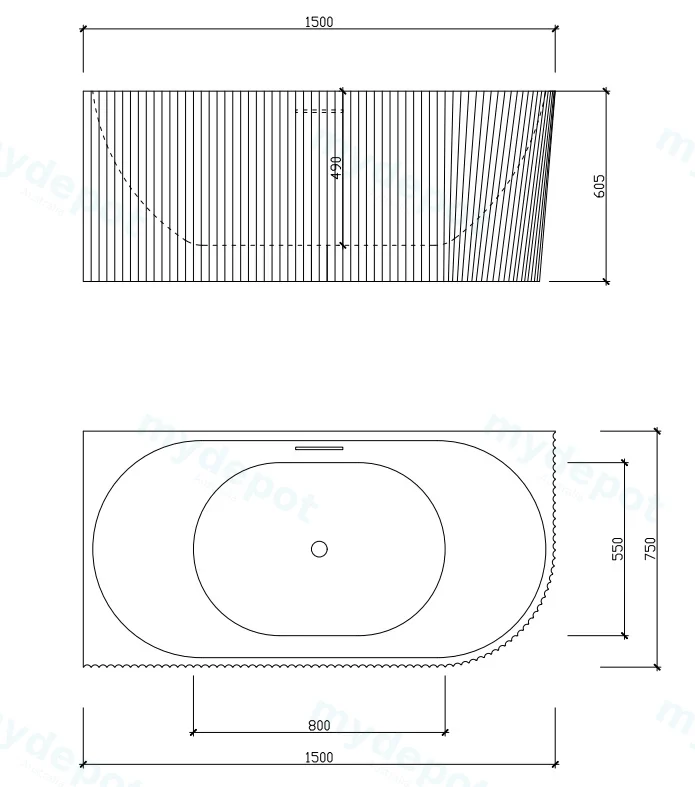 1500X750X600mm Gloss White Binge Fluted Skirt Bath Left Corner None Overflow 40mm Waste+Pipe Supplied view 2