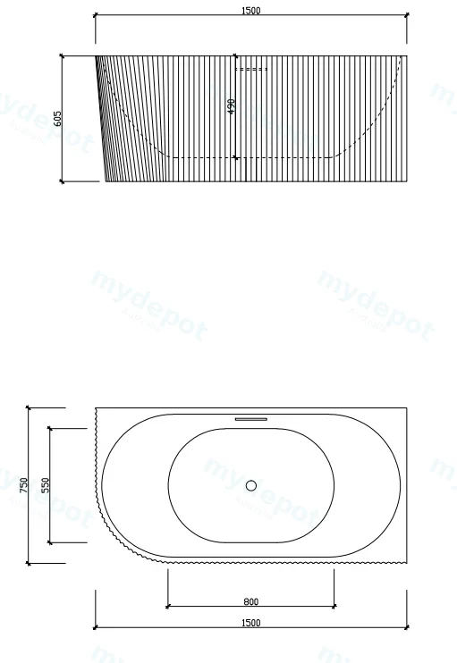 1500X750X600mm Gloss White Binge Fluted Skirt Bath Right Corner None Overflow 40mm Waste+Pipe Supplied view 2