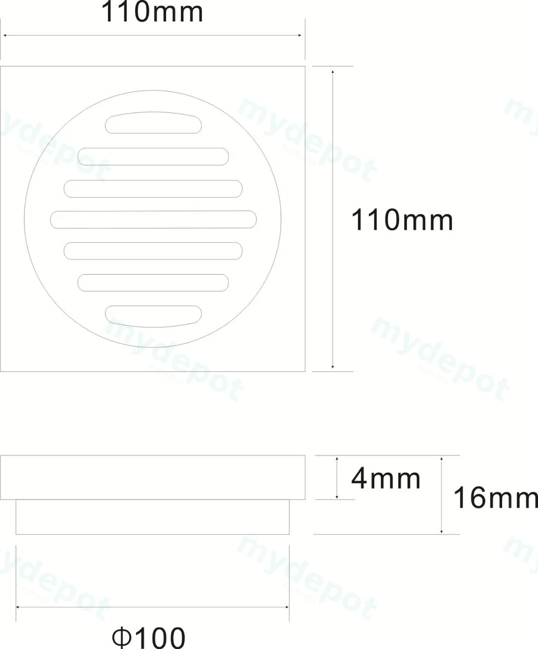110X110mm Chrome Square Floor Drain(100mm Outlet) view 2