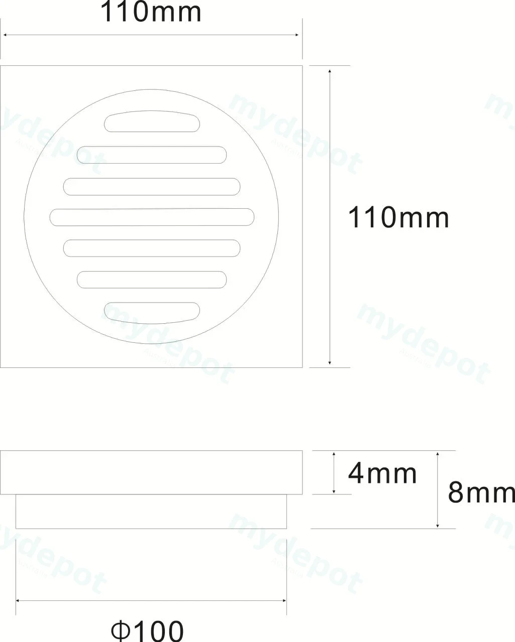 110X110mm Chrome Square Floor Drain - Slim(100mm Outlet) view 2