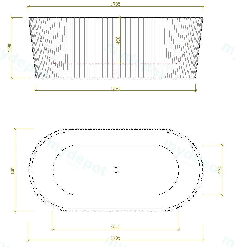 1705X805X590mm Gloss Black And White Agena Fluted Acrylic Free Standing Bath None Overflow 40mm view 2