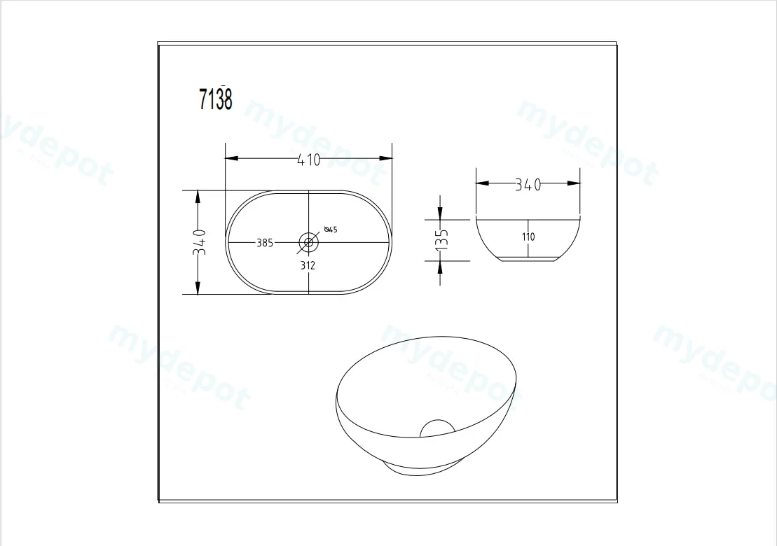 410*340*135mm Matte White Birch Fine Ceramic Above Counter Basin No Overflow,32mm Waste view 3