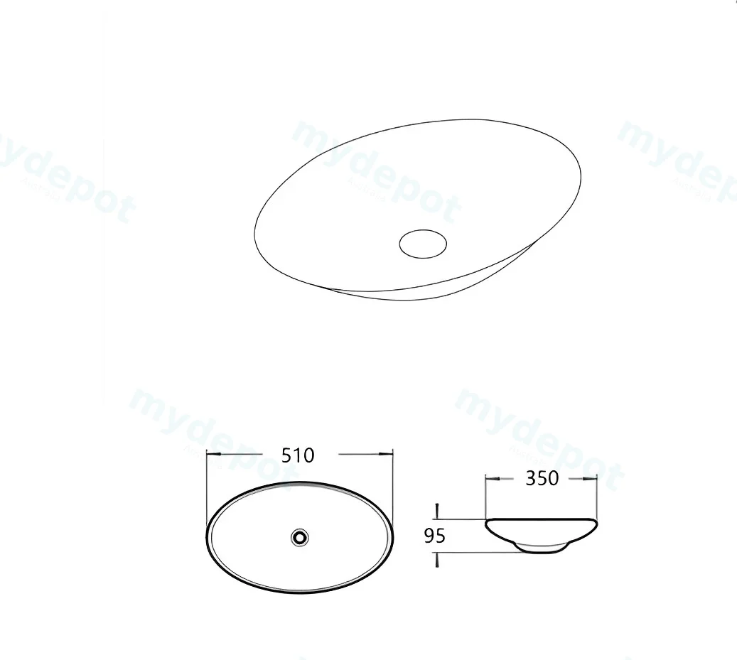 510*350*95mm Gloss WhiteCabrita Fine Ceramic Above Counter Basin No Overflow,32mm Waste view 2