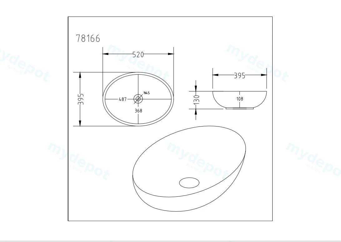 520*395*130mm Gloss White Carey Fine Ceramic Above Counter Basin No Overflow,32mm Waste view 3