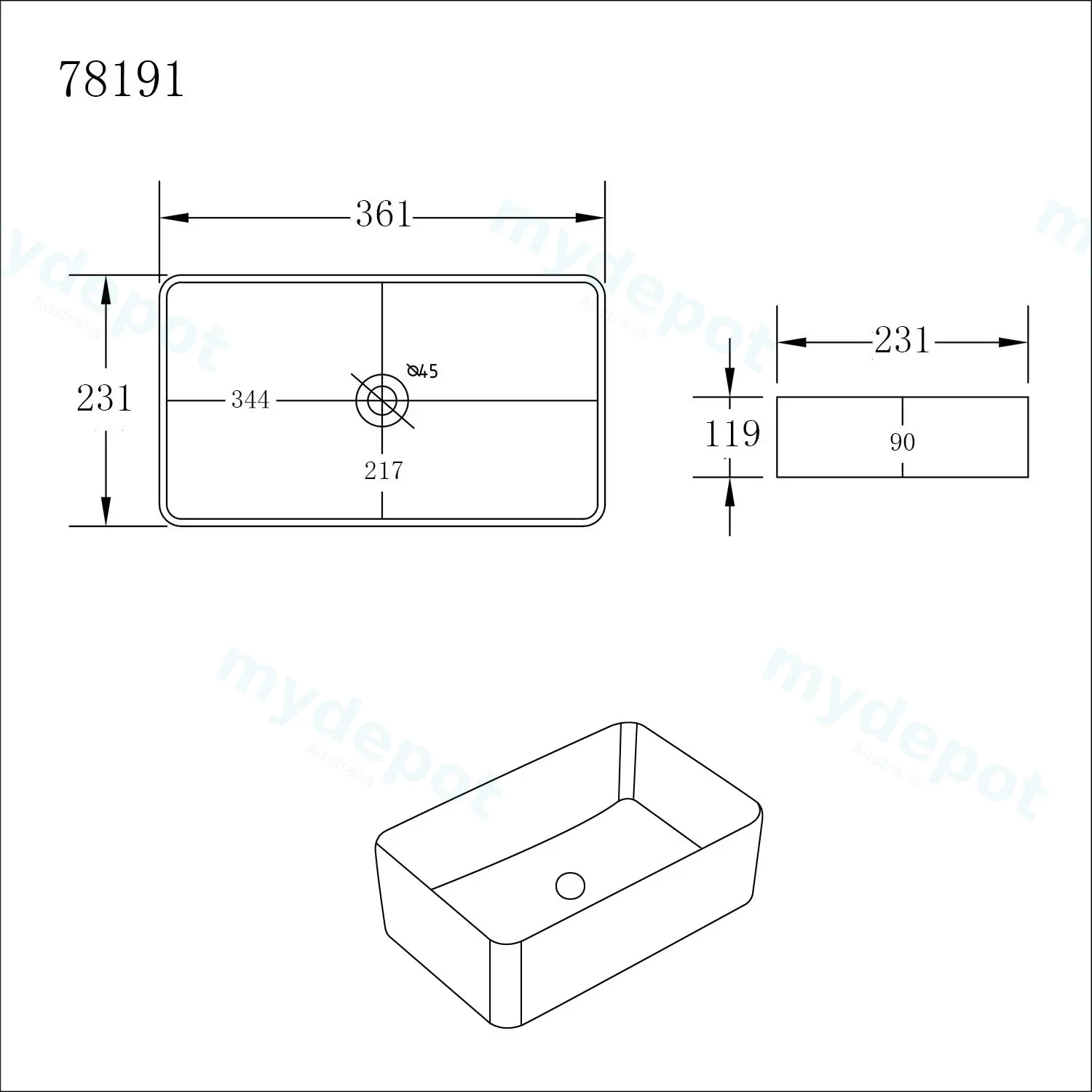 361*231*119mm Gloss White Crete Fine Ceramic Above Counter Basin No Overflow,32mm Waste view 2