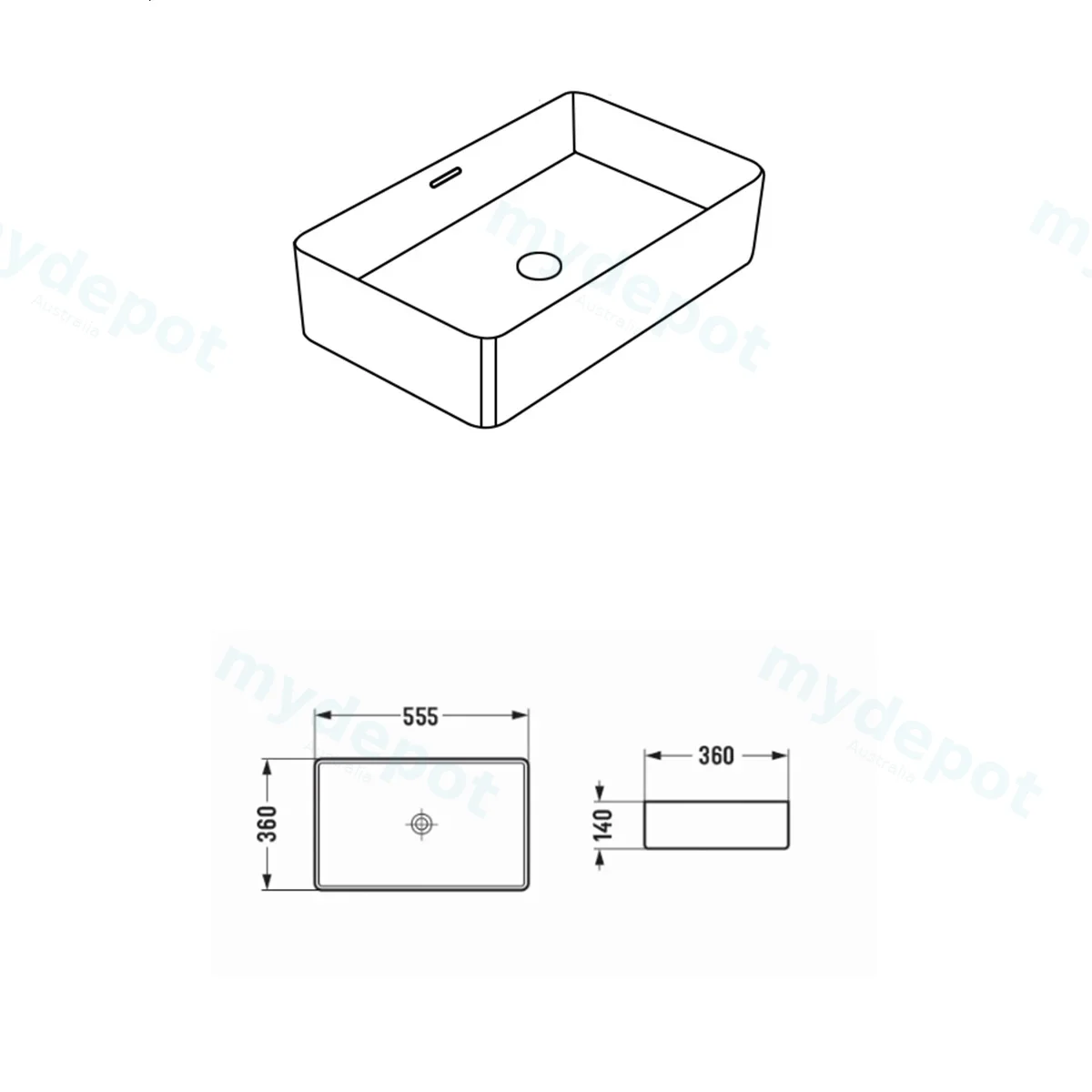 555*360*140mm Gloss White Crete Fine Ceramic Above Counter Basins Overflow,32mm Waste view 4