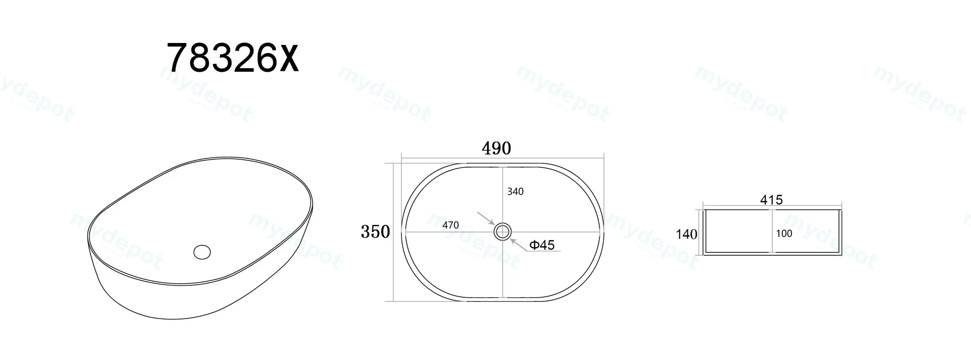 490*350*140mm Gloss White Ellips Fine Ceramic Above Counter Basins Non Overflow,32mm Waste view 3