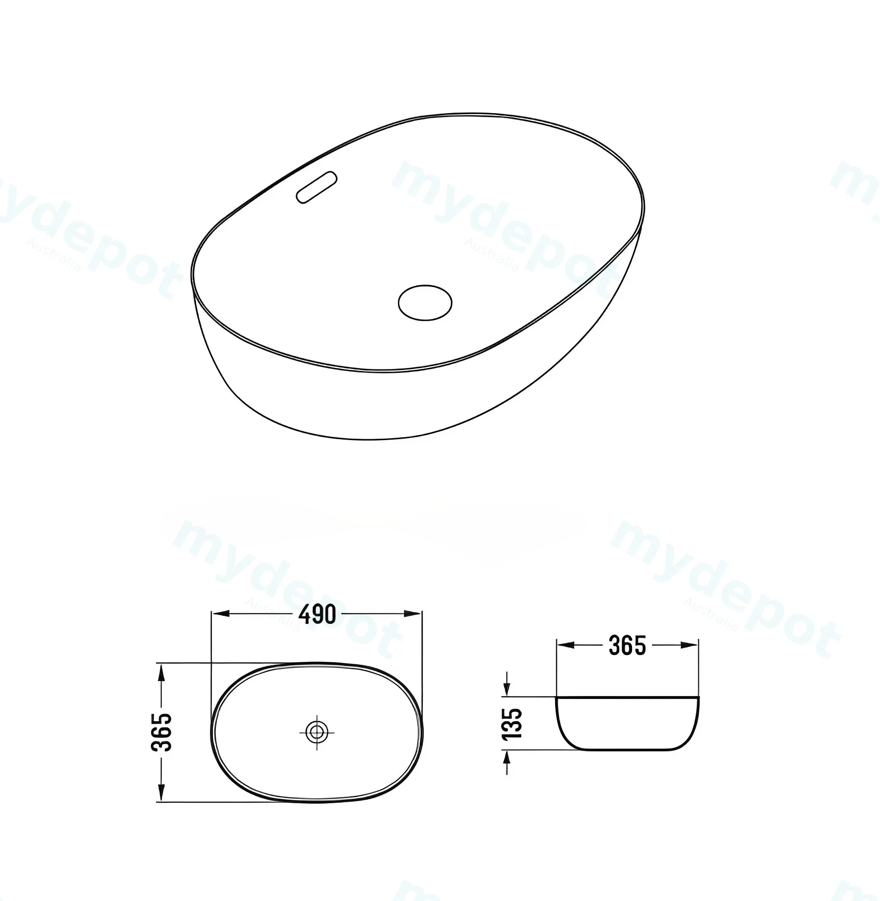 490*350*140mm Gloss White Ellips Fine Ceramic Above Counter Basins Overflow,32mm Waste view 3