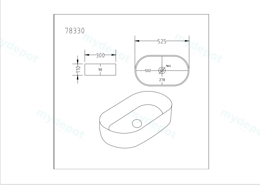 525*300*110mm Gloss White Ellips Fine Ceramic Above Counter Basins Non Overflow,32mm Waste view 2